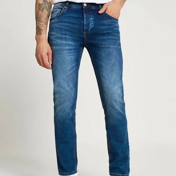 NWT River Island Faded Medium Blue Slim Stretch Jeans 34 x 32
          
      NWT