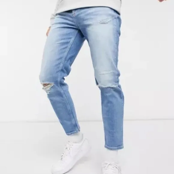 River Island tapered jeans with rips in light blue (36W 34L)