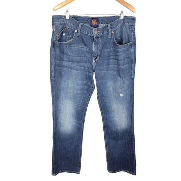 Rock & Republic Mens Henlee Bootcut Jean 36x32 Distressed Medium Wash Blue Denim