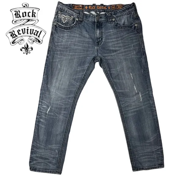 Rock Revival Men’s 40 Tigerlily Straight Stretch Distressed Jean Zip Fly