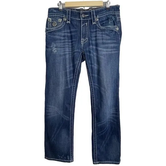 Rock Revival John Straight Flap Pocket Blue Jeans Black Patch Men's Size 32