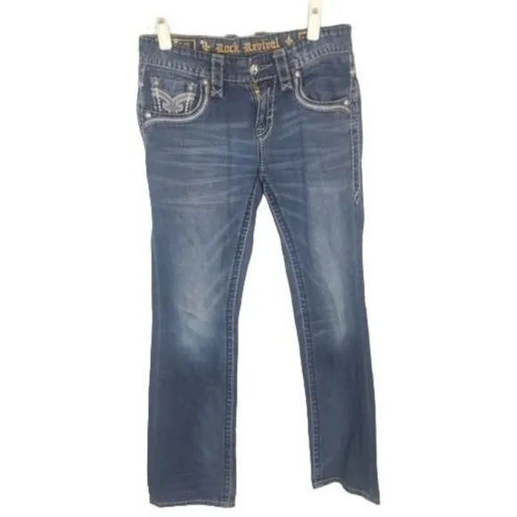Rock Revival Mens 29 Blue Dark Wash Denim Embroide