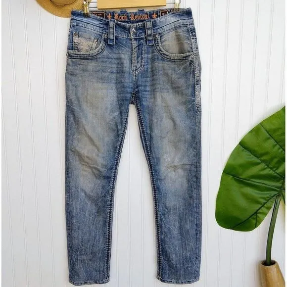 Rock Revival Mens Connely Slim Straight Jeans Size 31 Stretch Denim Distressed