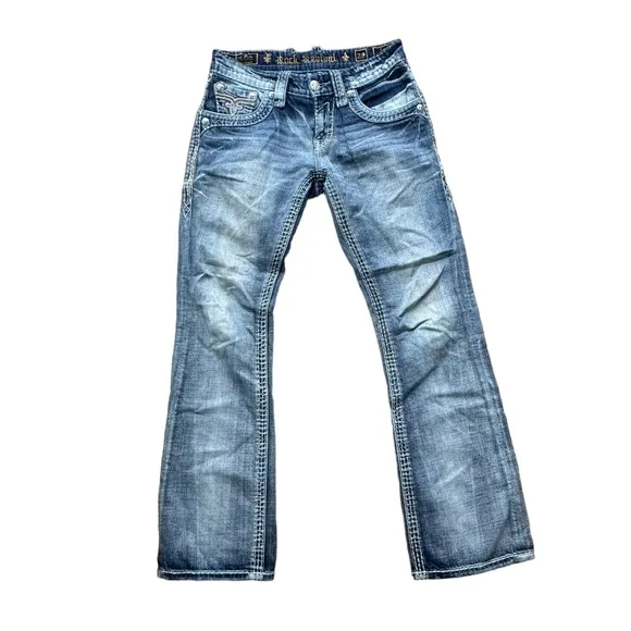 Rock Revival Loic Slim Boot Cut Men's 25 Denim Blue Jeans Embroidered