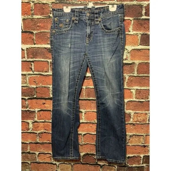 Rock Revival Men's 33 Wynne Straight Distressed Embroidered Dark Wash Jeans