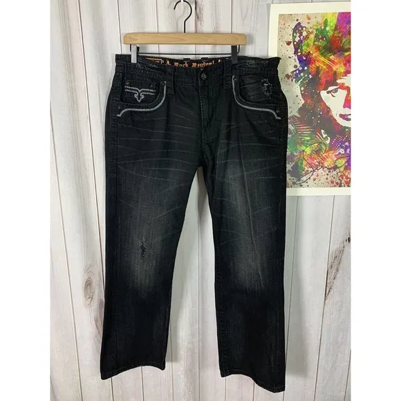 Rock Revival Steven Relaxed Straight Denim Jeans Men's Size 36 Black Flap Pocket