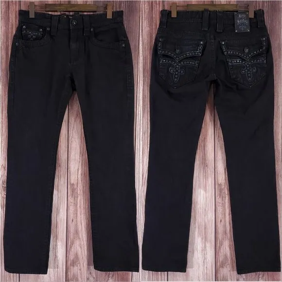 *Flaw* Rock Revival Coty Mens 32X32.5 Alt Straight Black Denim Jeans Rhinestones