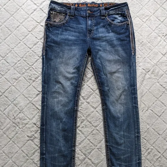 Rock Revival Kort Straight Jeans Mens 38 Medium Wash Thick Stitch