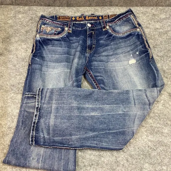 Rock Revival Mens Jeans 40 x 30 Jenkins Relaxed Straight Thick Stitching