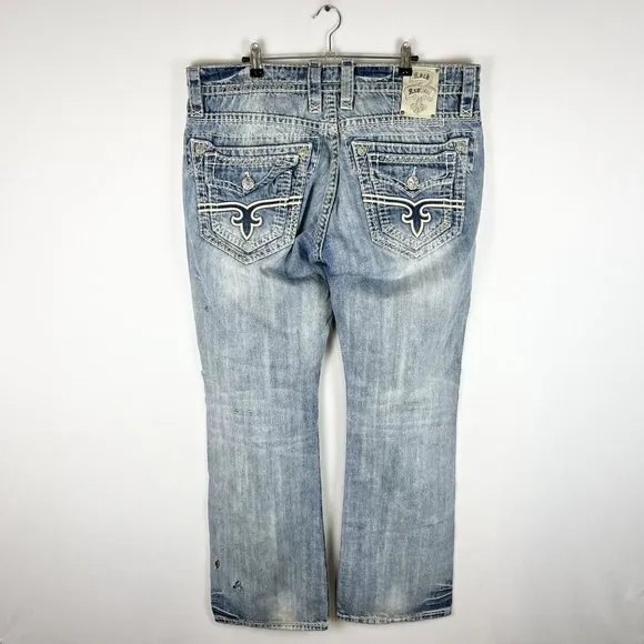 Rock Revival Matthew Boot Cut Jeans 40x35 36 Distressed Heavy Stitch Flat Pocket