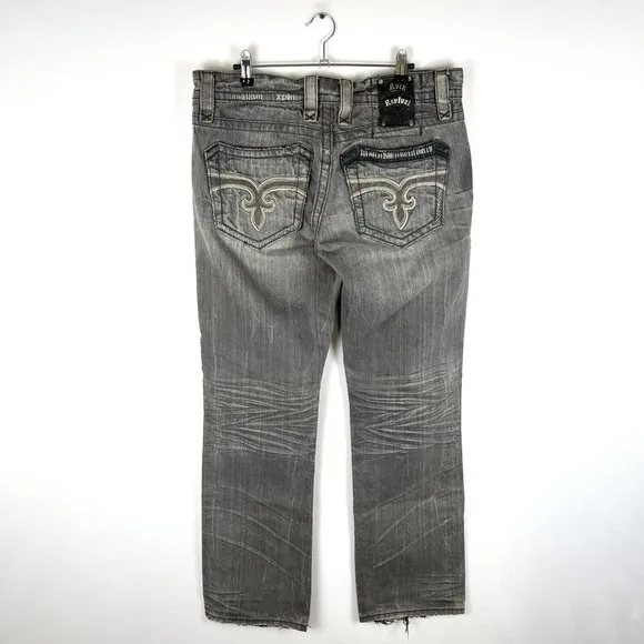 Rock Revival Andy Straight Jeans 36x33.5 33 Distressed Heavy Stitch Rockabilly