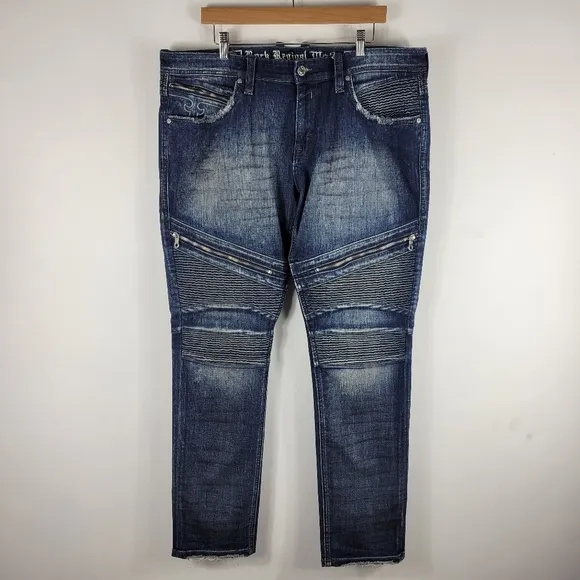 Rock Revival Daviday Slim Fit RIbbed Zipper Detail Distressed Moto Jeans