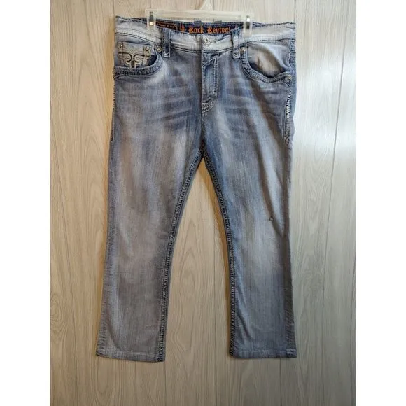 Rock Revival Men's Mario Straight Factory Distress Medium Wash Blue Jeans 40x29