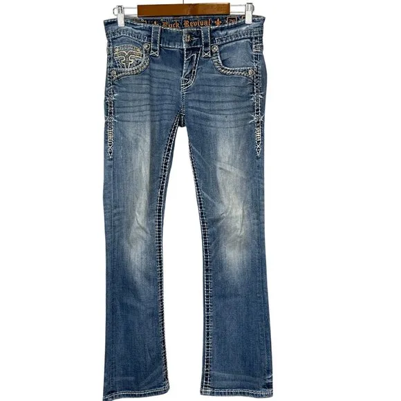 Rock Revival Wynton Slim Boot Denim Thick Stitck Flap Pocket Jeans Mens 28 x 30