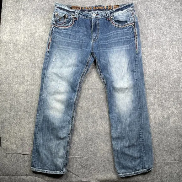 Rock Revival Jeans Men's 42 Gordian Straight Thick Stitch Embroidered Pockets