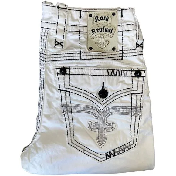 ROCK REVIVAL & BLACK & GREY STITCHING WHITE JEANS