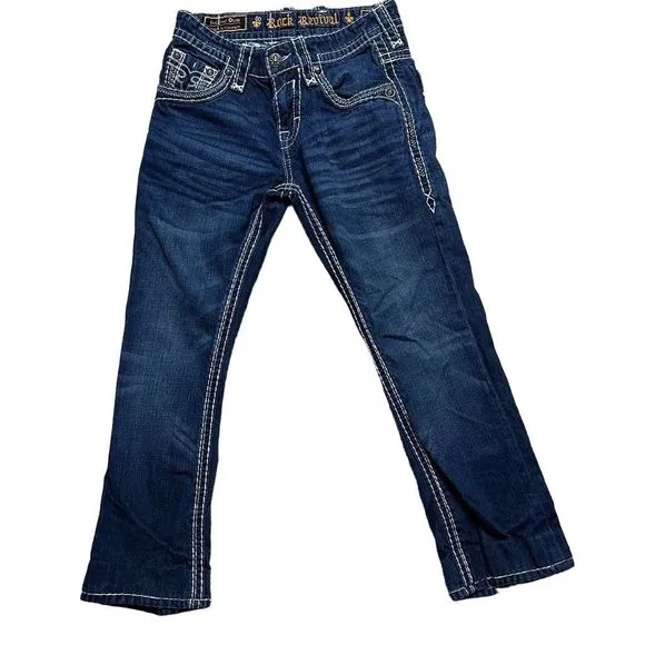 ROCK REVIVAL dark wash BRUNO BOOT jeans SIZE 28–has a removable hem!!!