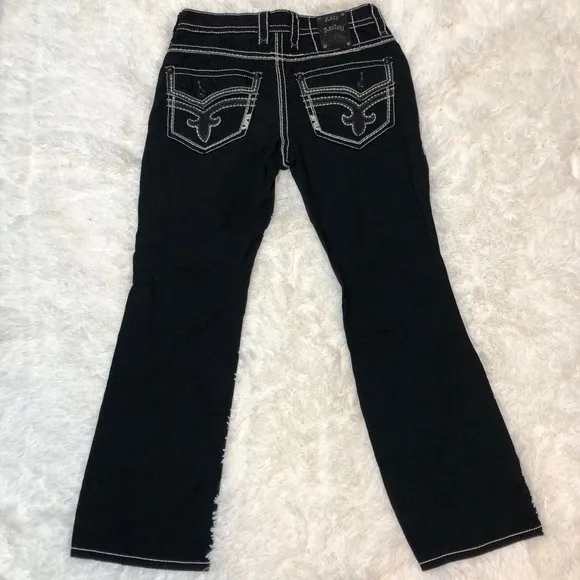 Rock Revival Embroidered Black Bootcut Jeans w/ White Stitching, Excellent 32X31