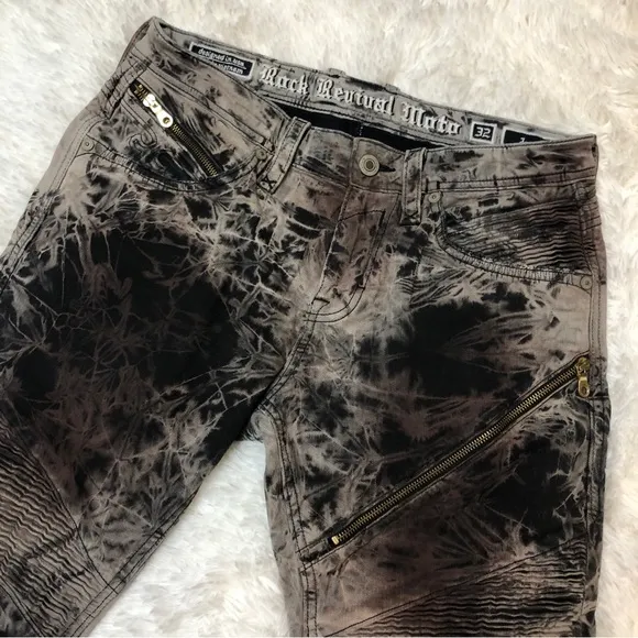 Rock Revival Moto Jezek Marbled Gray Black Zipper Stretchy Skinny Jeans, 32X32