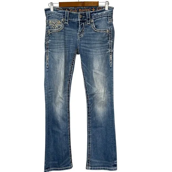 Rock Revival Wynton Slim‎ Boot Denim Thick Stitck Flap Pocket Jeans Mens 28 x 30
