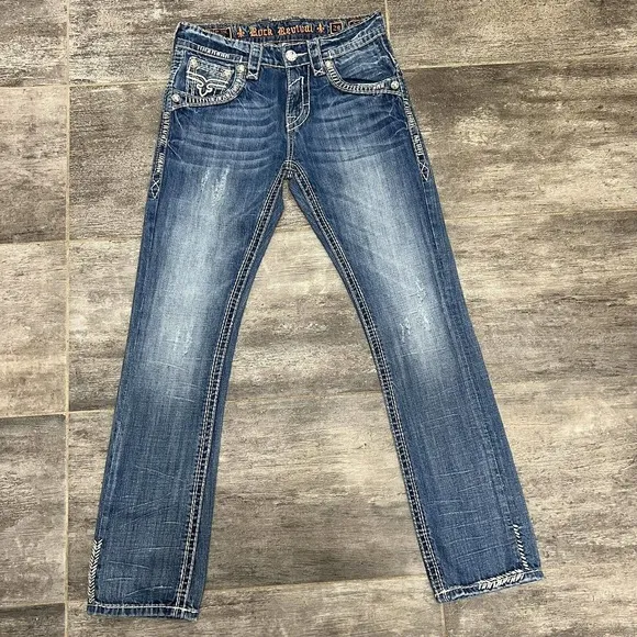 BUCKLE ROCK REVIVAL Joseph Slim Straight Jeans Mens Size 29 Blue Flap Pockets