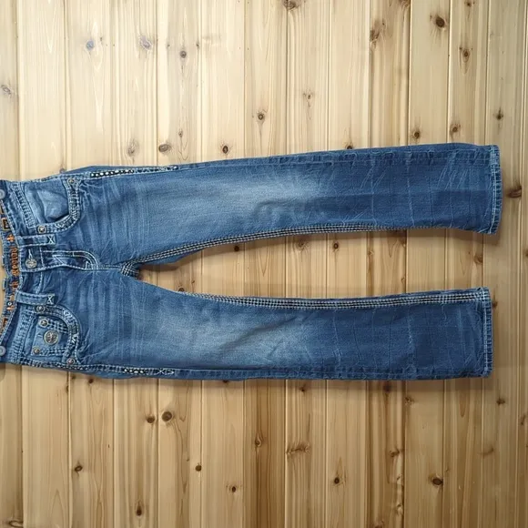 Rock Revival Mens Jeans 27 Blue Mikael Slim Boot Embroidered Medium Wash 31"