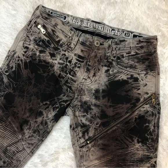 Rock Revival Moto Jezek Marbled Gray Black Zipper Stretchy Skinny Jeans, 32X32