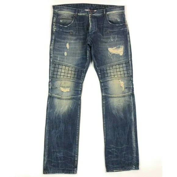 Rockstar Mens 38 Slim Fit Jeans Denim Blue Distressed Button Fly Embroidered