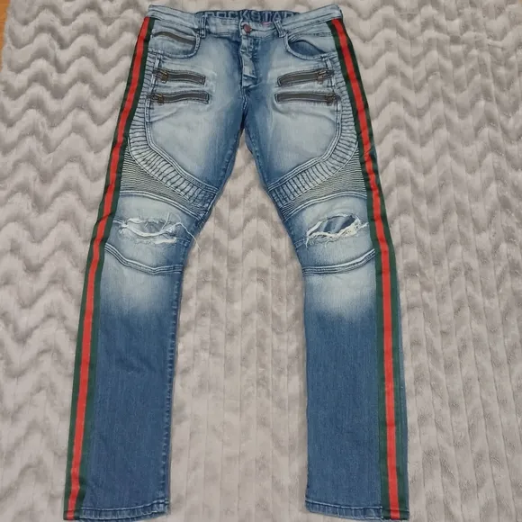 Rockstar Mens Size 36 Blue Distressed Moto Side Stripe Denim Jeans