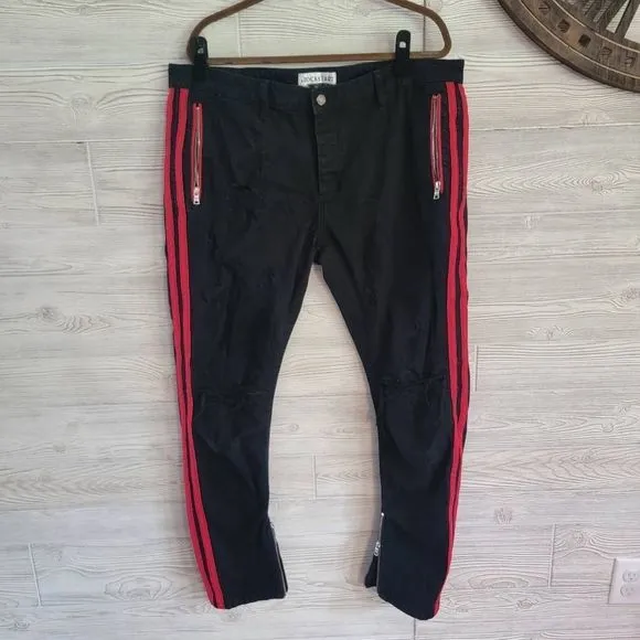 Rockstar Sushi Jeans Slim Leg Ankle Zip Distressed Black w/ Red Stripes Mens 38