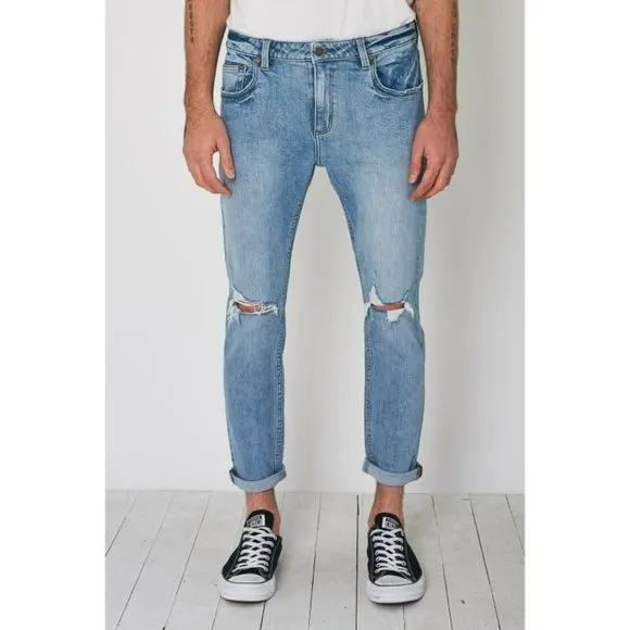 Rolla's Jeans Mens 32 Rollies Slim Fit Rolled Destroyed Mid Rise Denim stretch