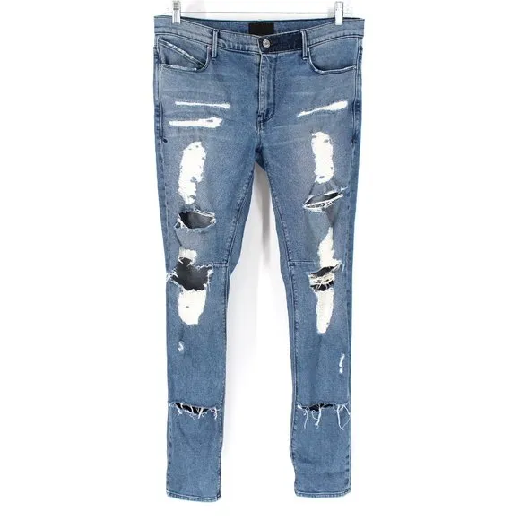 RtA Bryant Skinny Fit Distressed Jeans 34 White Fraying Medium Blue Wash Denim