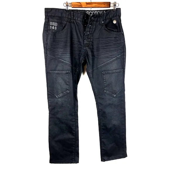 Scotch & Soda Jeans BLACK Mens Coated Look Size 34x30 34 30 Pants 323 Designer