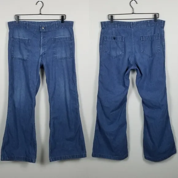 Vintage 1970s Seafarer Denim Bellbottom Patch Pocket Flare Blue Jeans Size 36x30