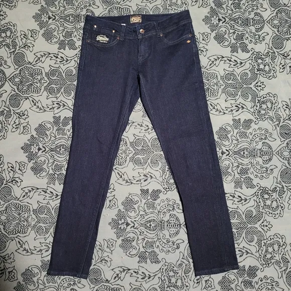 Vintage Superdry Men's Jeans 28x30 Skinny Low Rise Very Dark Blue Stretch EUC