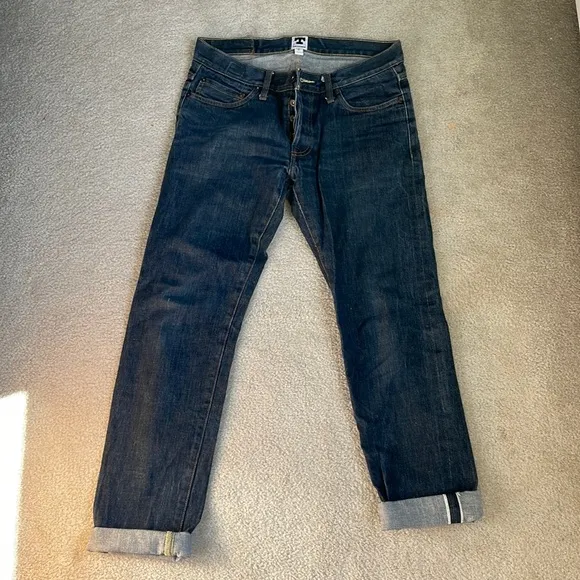 Tellason selvedge White Oak Cone Mills denim jeans, size 31. 31x34