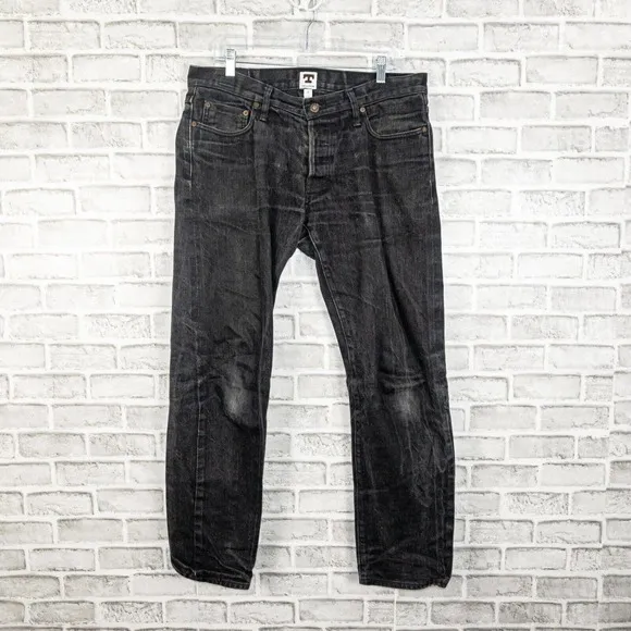 TELLASON Men's Japanese Selvedge Slim Straight Denim Jeans in Black Wash Sz 35