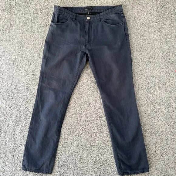 Theory Jeans Men's 34 Navy Haydin Jean Straight Leg Cotton Linen Zip Fly