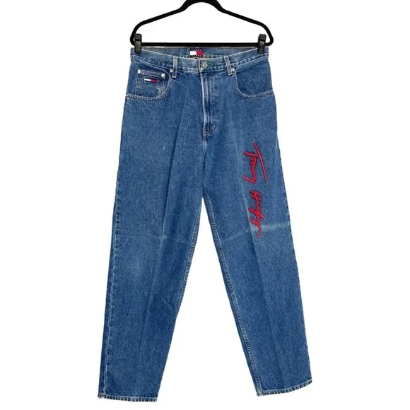Vintage Tommy Hilfiger Spellout Jeans 33x32 Red Rubber Logo on Leg Y2k 90s Pants