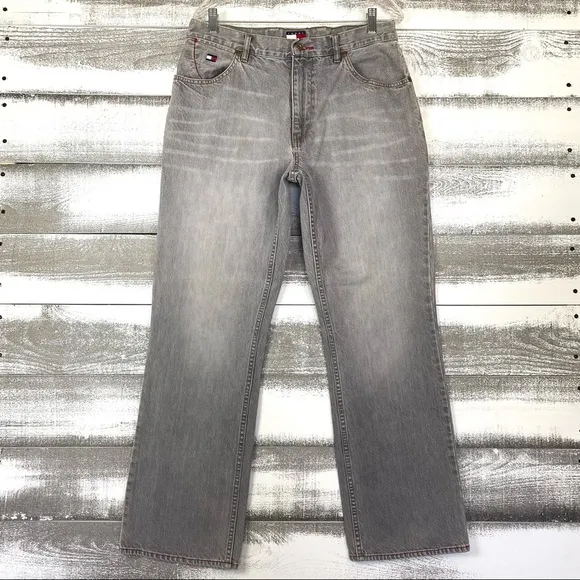 Tommy Hilfiger Y2K Vintage Gray Straight Leg Baggy Metal Logo Belt Loop Jeans