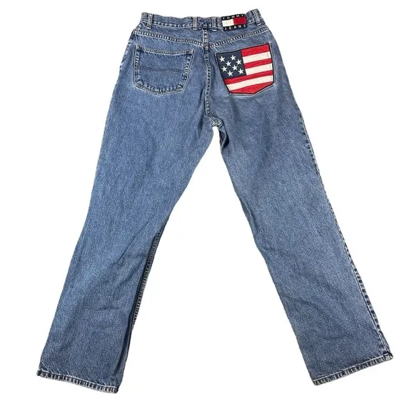 vintage y2k tommy hilfiger jeans mens size 34x34 american flag patch denim