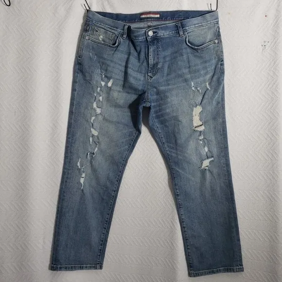 TH Hilfiger LTD Straight Jeans Red Line Stitch Selvedge Ripped Destroyed Europe