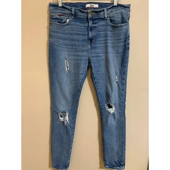 Tommy Hilfiger Washed Ripped Jeans Embroidery Skinny Leather Label Size 34/30