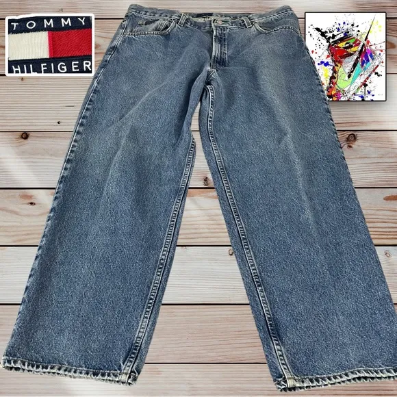 Vintage Tommy Hilfiger Jeans Men 38x30 Straight Leg Y2K Pants Flag Patch F222