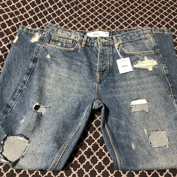 TOPMAN Mens Denim Blue Taper Distressed Jeans Sz 30 X 32 Button Fly
          
      NWT