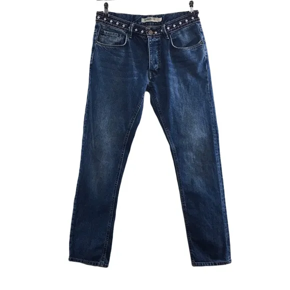 Topman LTD Straight Leg Jeans Men's 32S Medium  Wash Embroidered Button Fly