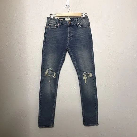 NWT New Topman Mens Jeans Stretch Skinny Button Fly Distressed Actual Sz 29/31.5