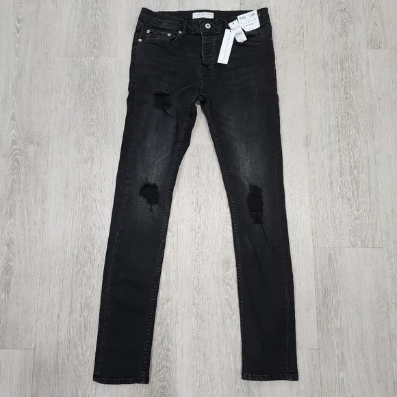 NWT Topman Men's Stretch Skinny Distressed Button Fly Black Jeans Size W30 L34
          
      NWT