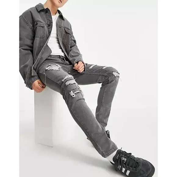 TOPMAN 30x32 Gray Stretch Skinny Distressed Button Fly Jeans
          
      NWT