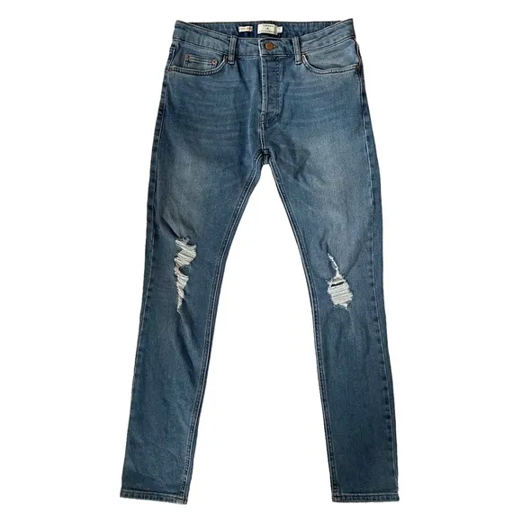 Topman Distressed Stretch Skinny Jean Button Fly Medium Wash